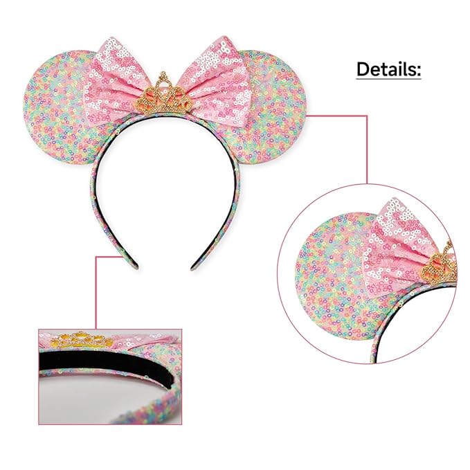 RAZKO Sequin Mouse Ears Headband, Rainbow Iridescent Mice ears Hairband for Women Girls Princess Hair Accessories (Rainbow Crown L)