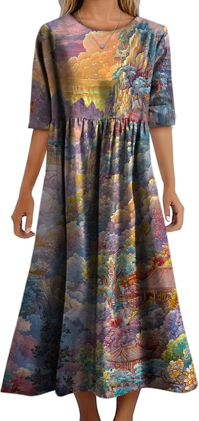 MARSVOVO Trendy Dresses for Women 2025 Classic Fairy Flowy Sundress Relaxed Fit Dress with Side Pockets