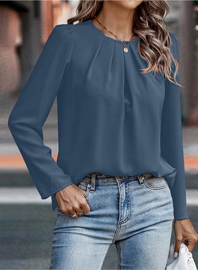 Samefar Womens Tops Dressy Casual Pleated Crew Neck Long Sleeve Shirts Office Work Chiffon Blouses