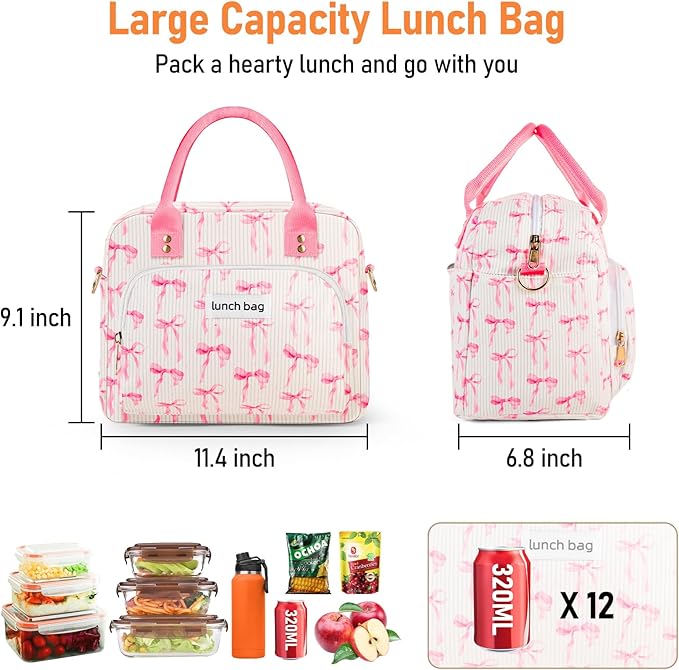 Lunch Bag Large Insulated Lunch Box for Women Adult Cute Pink Lunchbox Lunch Bags Boxes Pail with Shoulder Strap for Work Mom Picnic Office Travel 11.4×6.8×9.1 inches 11.5L (Pink Bow)