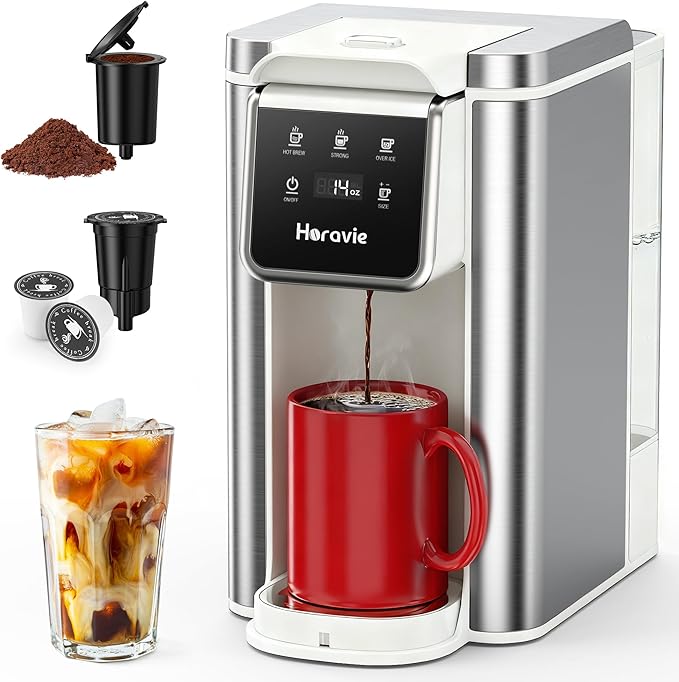 Horavie Single Serve Coffee Maker for K-Cup Pod and Grounds, Hot and Iced Coffee Maker, Strong Button Feature, 6 to 14oz Brew Sizes, 50oz Removable Reservoir, Fit 6.5" Mugs, Stainless Steel, White