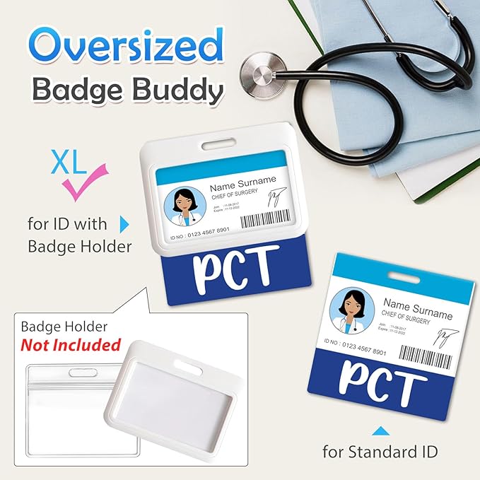 Oversized PCT Badge Buddy Card Holder - Horizontal Patient Care Technician Accessories XL Blue Pink Black Purple Red ID Badge Card Holder Name Tags Buddy for Hospital Work
