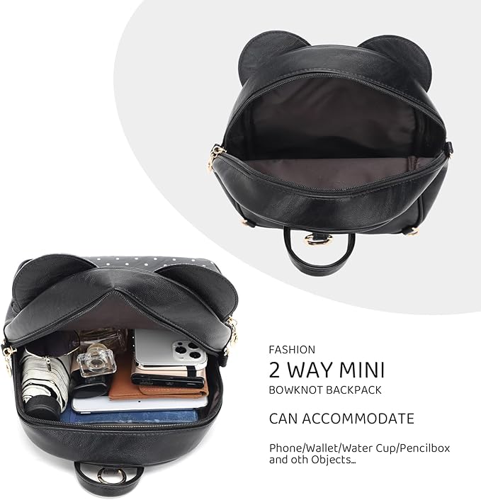 KL928 Girls Mini Backpack Bowknot Polka Dot Cute Daypacks Convertible Shoulder Bag Purse for Women (Black)