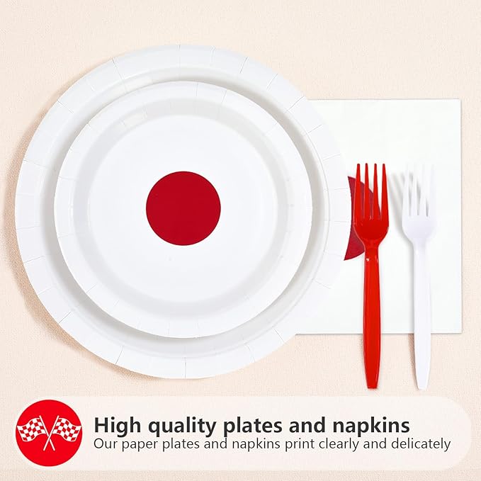 Greencian 96Pcs Japan Flag Party Decorations Hibachi Asian Japanese Style Plates and Napkins Hinomaru Flag Tableware Set for Japan Themed Party Supplies，Serves 24