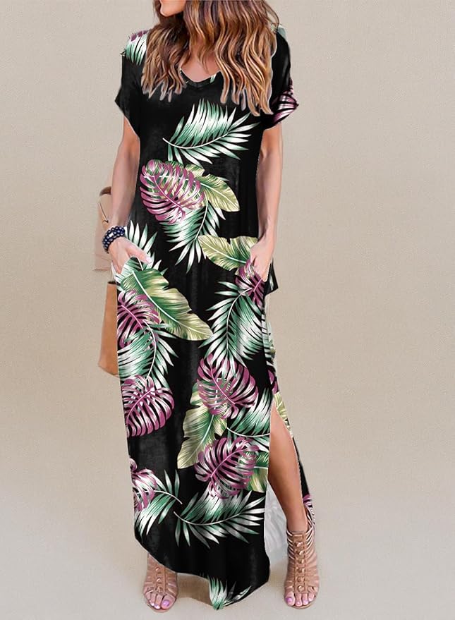 Arolina Women's Summer Maxi Dress Short Sleeve V Neck Casual Loose Long Beach Split Dresses with Pockets