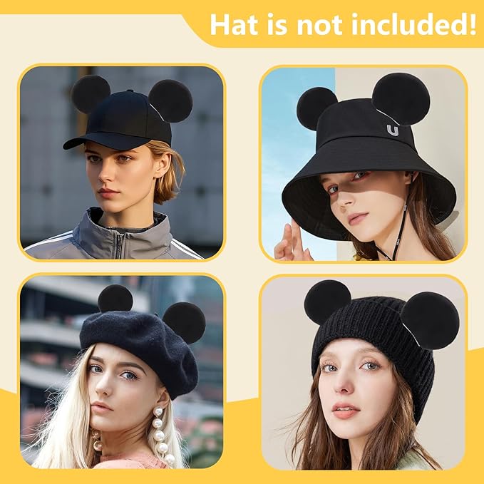4Pcs Magnetic Mouse Ears for Hats – 3.5" Black Plush Magnetic Ears for Baseball Caps, Trucker Hats, Hoodies – Detachable Hat Accessories for Theme Parks, Halloween, Christmas, Birthday Parties
