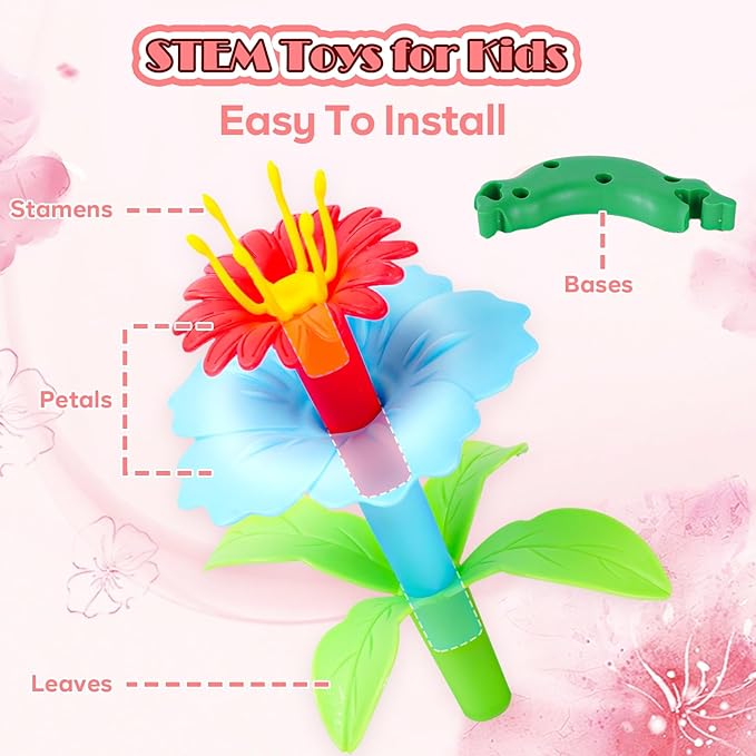 FUNZBO Flower Garden Building Toys Set - Birthday Gifts for Age 2 3 4 5 6 Years Old Girls, STEM Montessori Educational Toy for Toddler Kids, Sorting & Stacking Spring Gardening Set