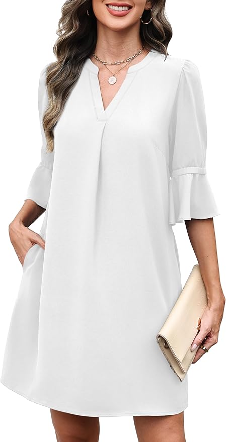 RUMIA Shift Dress for Women V Neck Ruffle Short Sleeve Loose Casual Summer Dress