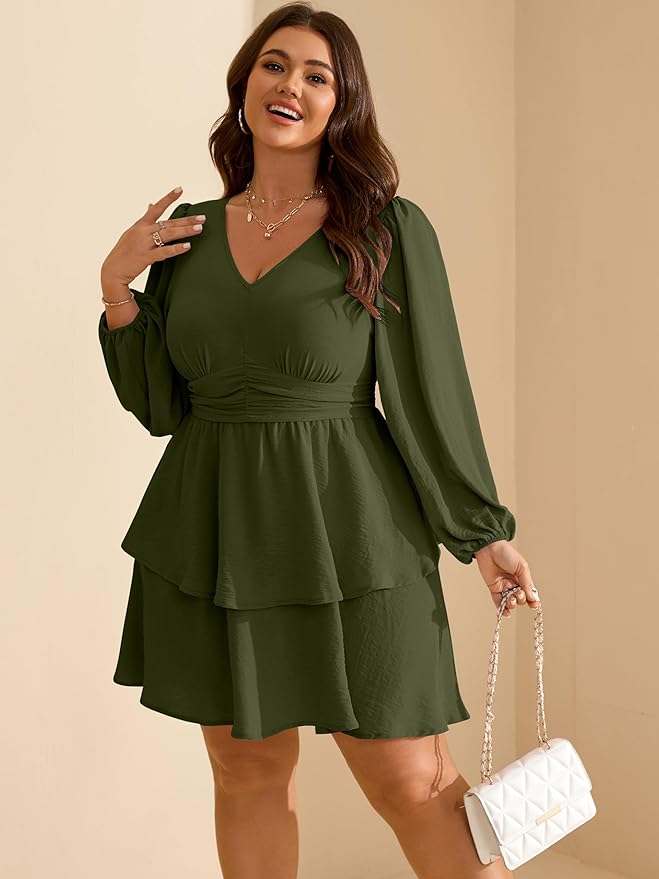 RWJ Plus Size Dresses for Curvy Women V Neck Long Sleeve Elastic Waist Fall Wedding Guest Layer Casual Mini Dress