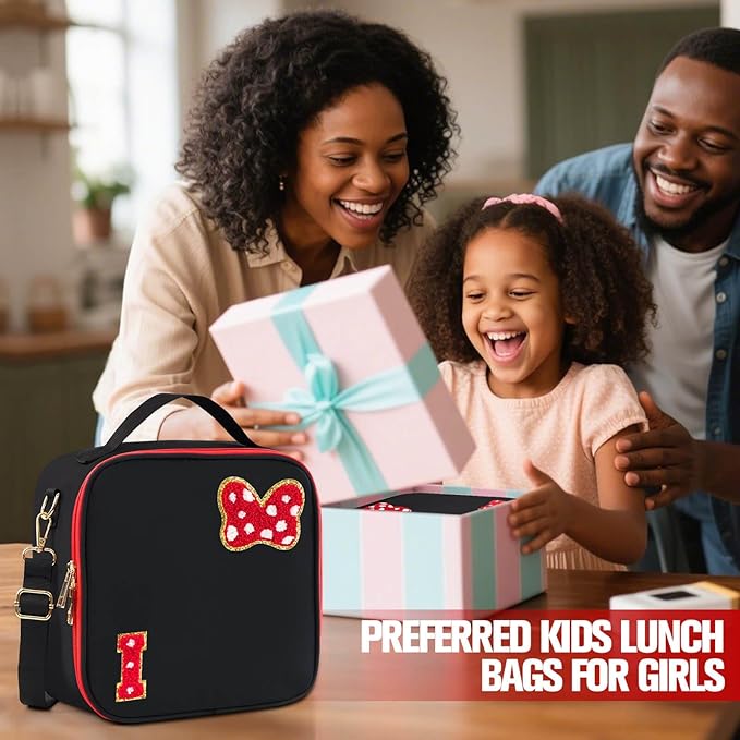Preppy Initial Bow Mouse Lunch Bag, Kids Insulated Lunch Box Gifts for Teen Girls Daughter, Reusable Soft Lunch Containers Crossbody Cooler Bag Must Haves for Park Travel School Work Picnic Black I