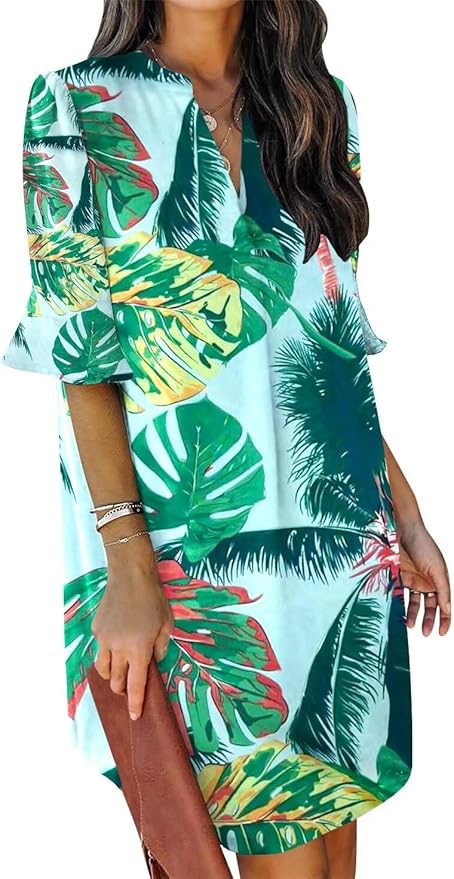 QACOHU Summer Dresses for Women V Neck Ruffle Short Sleeve Casual Shift Dress