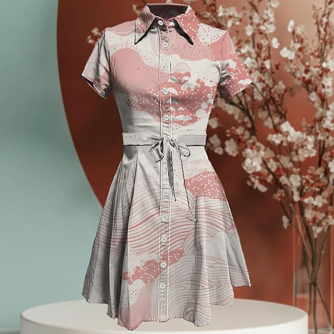 MARSVOVO Japanese Art Shirt Dresses for Women Short Sleeve Ruffle Button Down Tie Waist Trendy Elegant Midi Dress