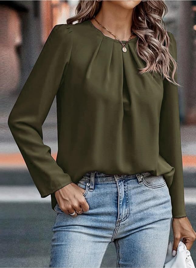 Samefar Womens Tops Dressy Casual Pleated Crew Neck Long Sleeve Shirts Office Work Chiffon Blouses