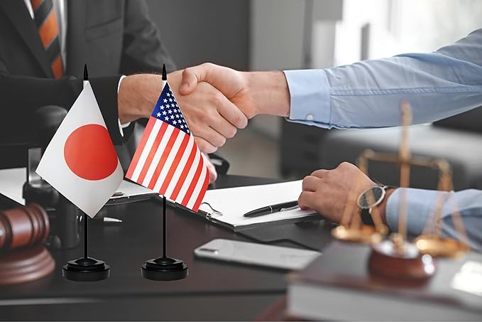 USA American & Japan Japanese Desk Flags, US Japan Office Table Flag, Small Mini Miniature Japanese and US Desktop Flag With 13" Solid Black Pole, Black Base
