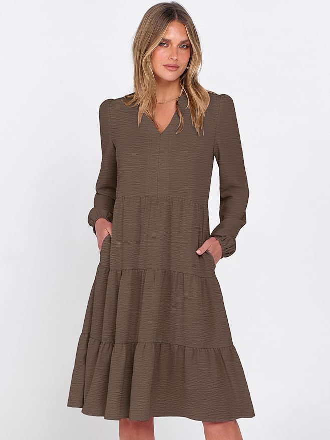 ANRABESS Womens Fall Midi Dresses Long Sleeve V Neck Swing Tiered Work Business Casual 2026 Flowy Beach Vacation Dress