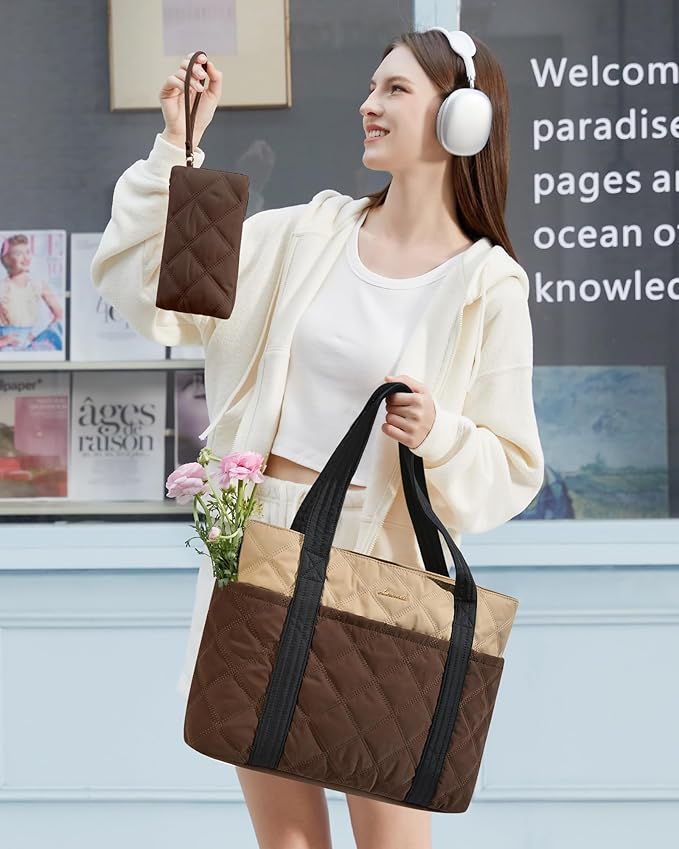 LOVEVOOK Puffer Tote Bag for Women, Puffy Work Handbag, Travel Shoulder Carry On Bag with Zipper for Teacher Nurse Gym