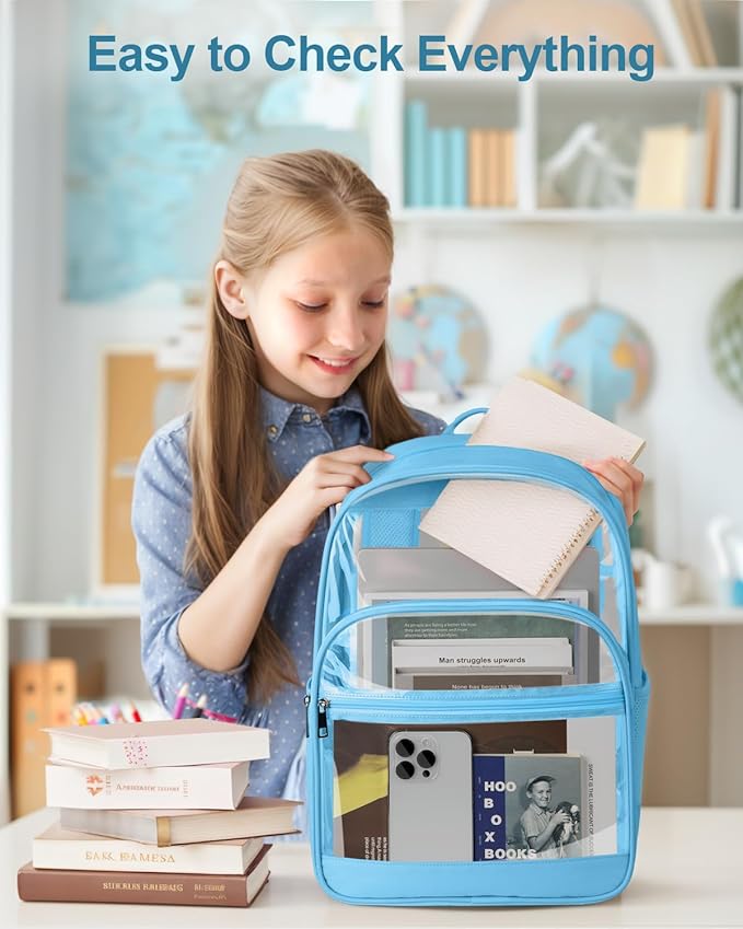 KIMNERPU Clear Backpack, Heavy Duty Transparent Bookbag for School, Fabric & PVC Transparent Backpack with Reinforced Strap for Women Men, Capacity Clear Bag for College, Sky Blue