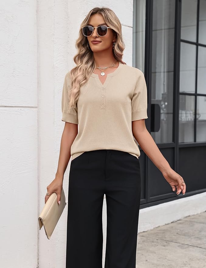 Zeagoo Women's Short Sleeve Sweater 2026 Spring Summer Tops Lightweight Casual V Neck Sweaters Dressy Work Blouses Clothes