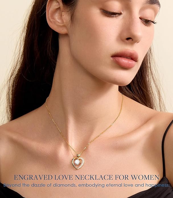 Beam & Bask Moissanite Heart Pendant Necklaces for Women, Engraved with LOVE, Sterling Silver Plated with 18K Gold, Anniversary and Birthday Jewelry for Wife, Girlfriend, Mom, or Her