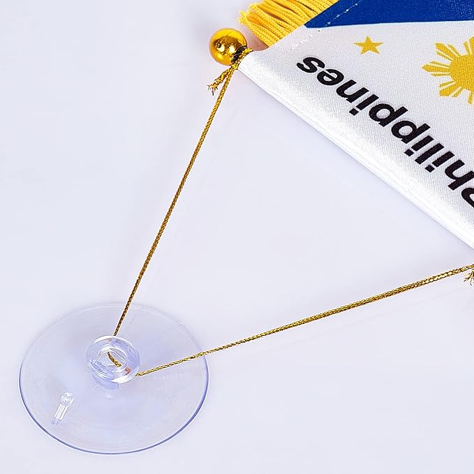 ZXvZYT 3 X 5 Inch Philippines Philippine Window Hanging Flag Filipino Small Mini Car Flags Banners Rearview Mirror Decoration - with Suction Cup & Golden Fringy Banner(2 Pack)