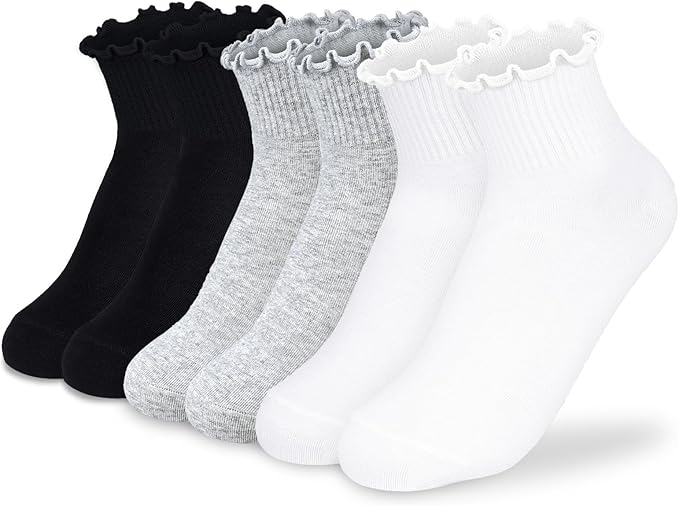 BIVOLU Womens Ankle Socks Ruffle Cotton Cute Frilly Trim Breathable Ankle Ruffled Socks 6 Pack