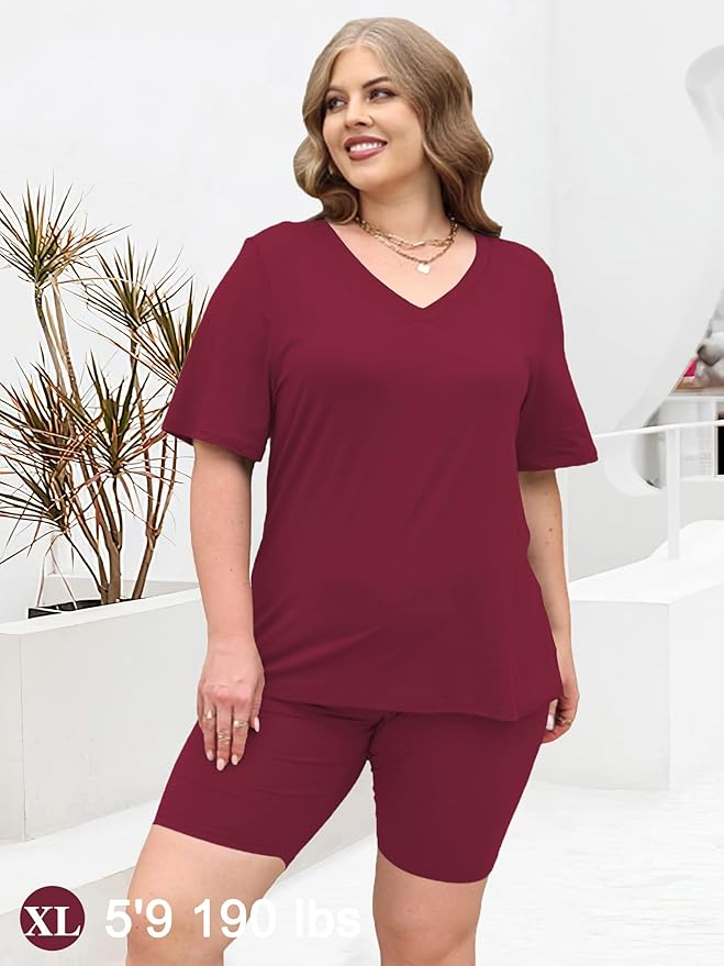 AGSEEM Two Piece Outfits For Women Summer V Neck T-Shirt Tops Biker Shorts Workout Sports Tracksuit