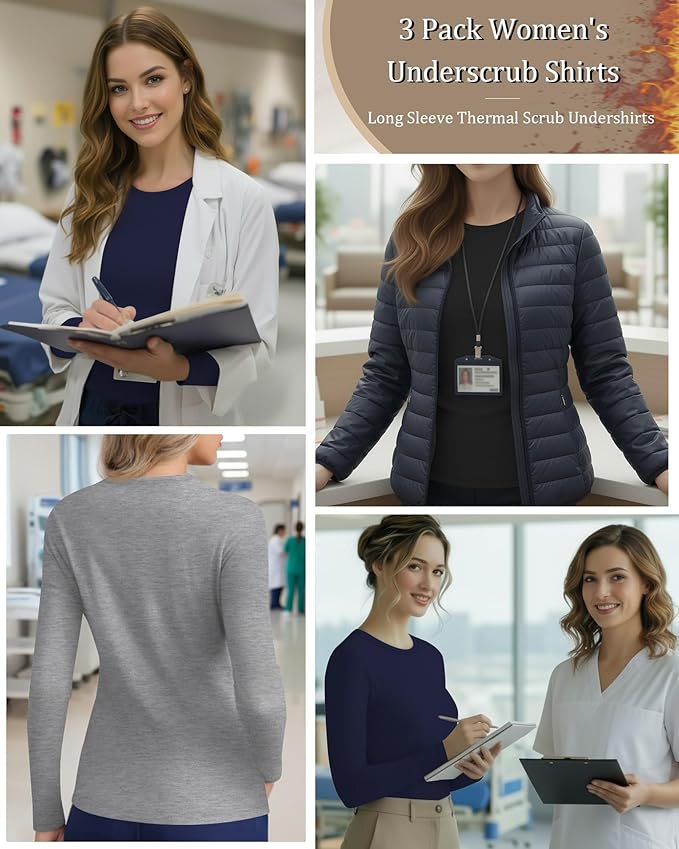 3 Pack Women's Underscrub Shirts Long Sleeve Thermal Scrub Undershirts Nurse Crew Neck Slim Fit Fleece Top Basic Tee