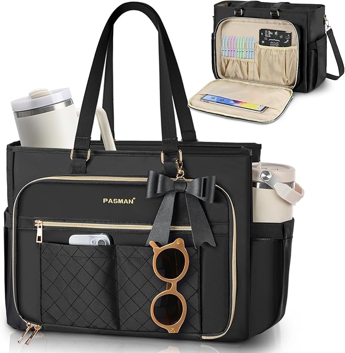 Teacher Tote Bag for Women,Multi-Pocket Laptop & Nurse Work Bag with Cup Holder,Structured Business Briefcase Computer Purse
