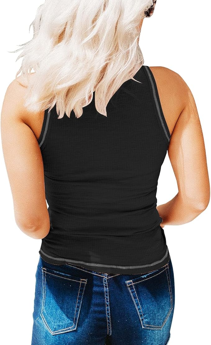 KINLONSAIR Women's Sleeveless Henley Tank Tops Ribbed V Neck Button Down T Shirts Summer Slim Fit Tee Tops