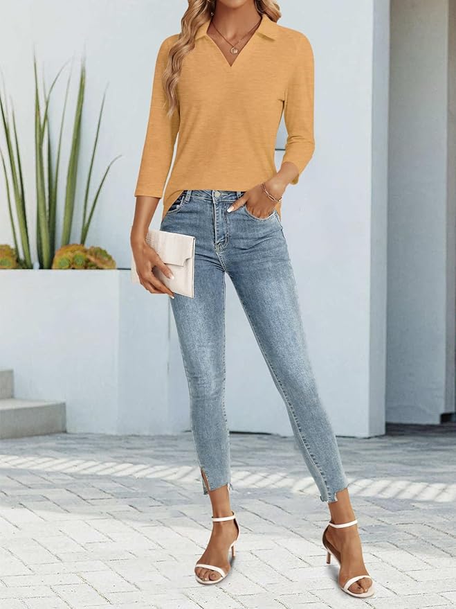 3/4 Length Sleeve Womens Tops Dressy Casual V Neck Polo Shirts Business Work Blouses 2025 Trendy Tunic Top