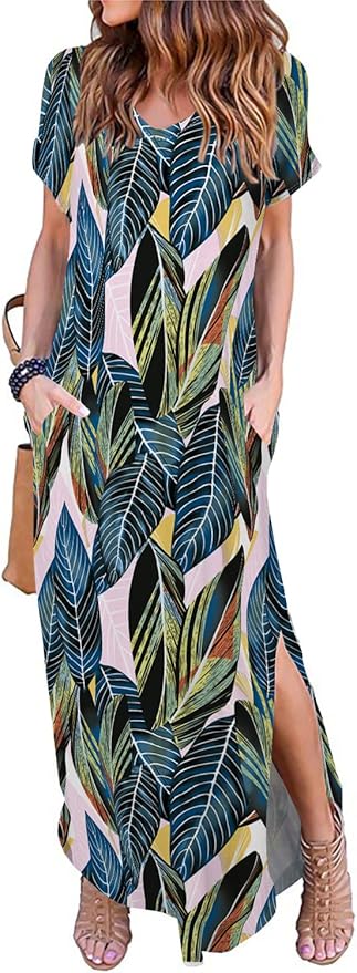 Arolina Women's Summer Maxi Dress Short Sleeve V Neck Casual Loose Long Beach Split Dresses with Pockets