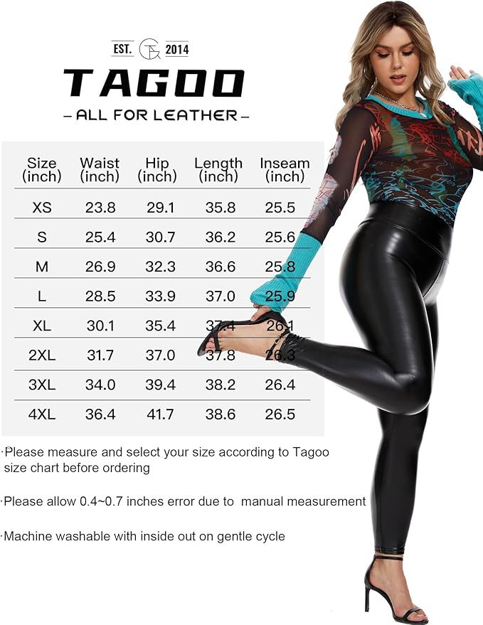 Tagoo Women's Stretchy Faux Leather Leggings Pants, Sexy Red High Waisted Tights
