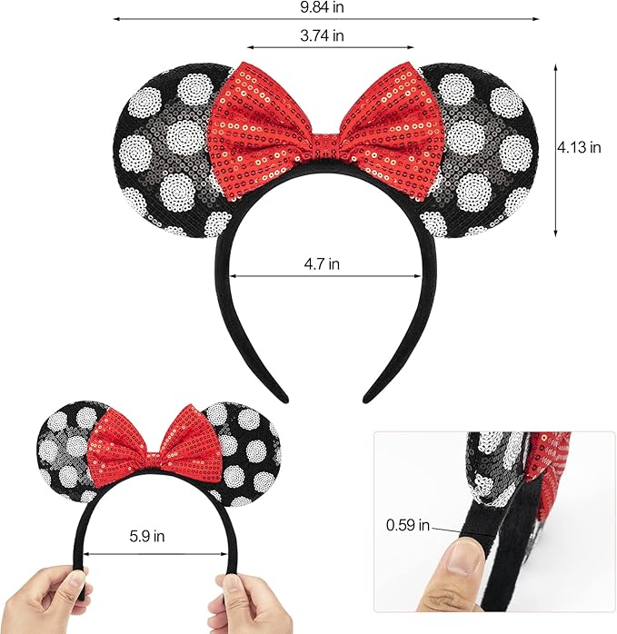 YUNISS 2 PCS Mouse Ears, Shiny Sequin Bow Mouse Ears Headbands for Adult Women Girls Christmas Birthday Party