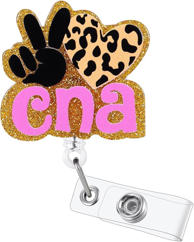 Cute CNA Badge Reel, Leopard Heart Retractable ID Card Badge Holder with Alligator Clip, Gifts for Nurses, Certified Nursing Assistant Badge Buddy
