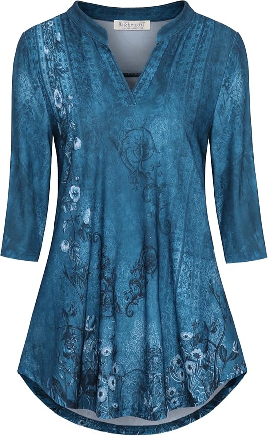 BAISHENGGT 3/4 Sleeve Tops for Women Notch V Neck Floral Work Blouses Dressy Casual Loose Fit Going Out Tunic Tops