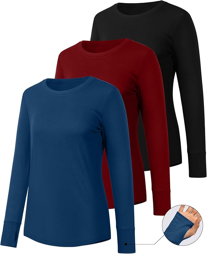 Huukeay 3 Pack Women's Long Sleeve Shirts with Thumb Holes, Cotton Casual Crew Neck Tunic Tops Fall Loose Y2k Trendy Outfits
