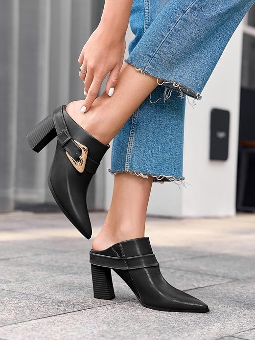 Coutgo Womens Mules Boots Chunky Stacked Heel Pointed Toe Booties Slip On Dress Boot Shoes with Buckle Decoration