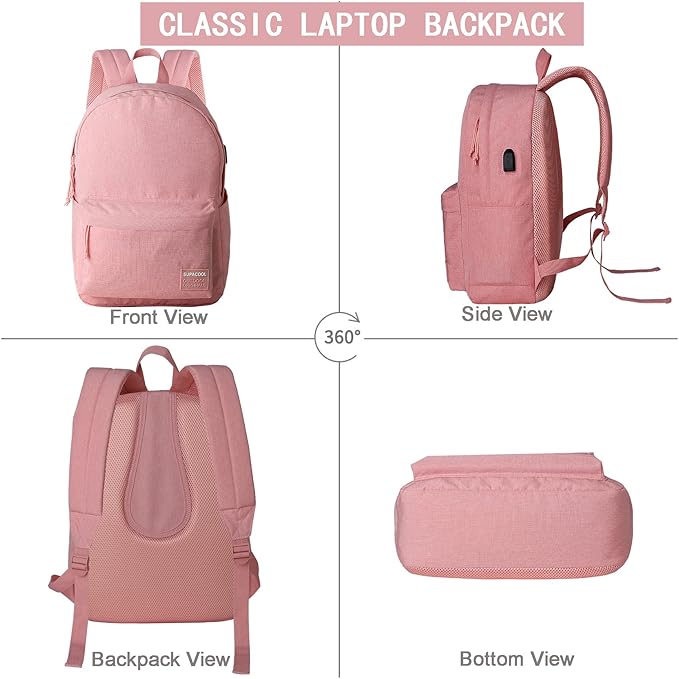 SUPACOOL Casual Laptop Backpack for Men and Women, Backpack for College, USB Charging Port, Lightweight Pack Back(Pink)