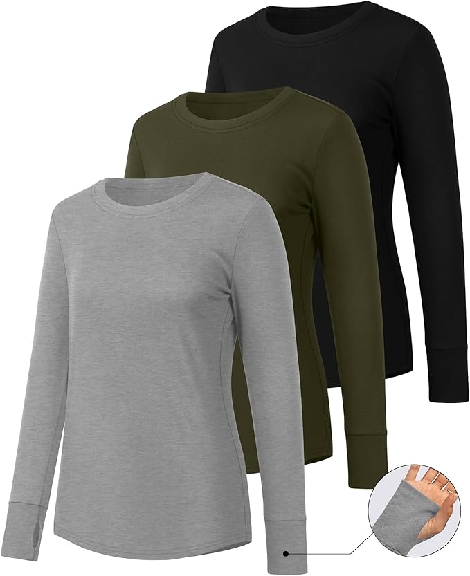 Huukeay 3 Pack Women's Long Sleeve Shirts with Thumb Holes, Cotton Casual Crew Neck Tunic Tops Fall Loose Y2k Trendy Outfits