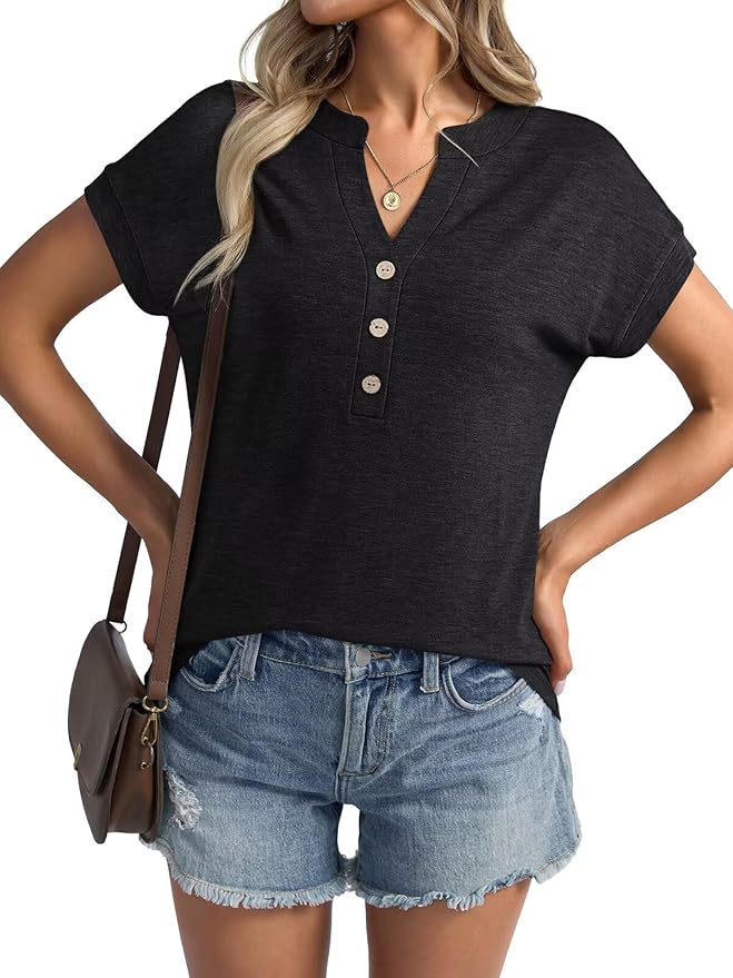 Womens V Neck Cap Sleeve Tops Summer Casual Short Sleeve Shirts Loose Fit Basic Work Tee Trendy Clothes 2025