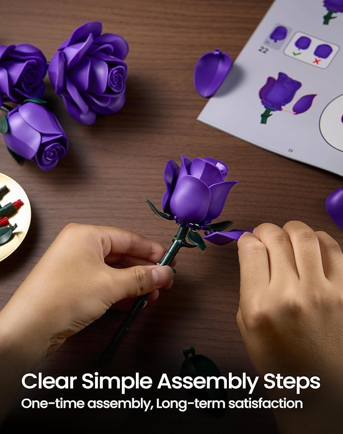iATOM Purple Rose Bouquet Building Set, 12Pcs Flowers Botanical Collection for Adults Women, Valentine's Day Gift for Her/Girlfriend/Mom/Wife/Couple, Purple Retro Home Office Table Centerpiece Decor