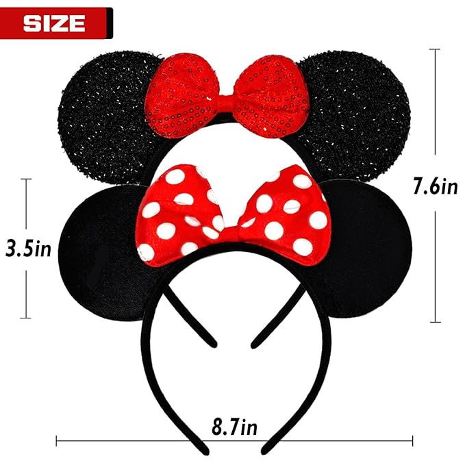 MADO 2 pack mouse ears headbands for adults women little girls boys (red, onesize)