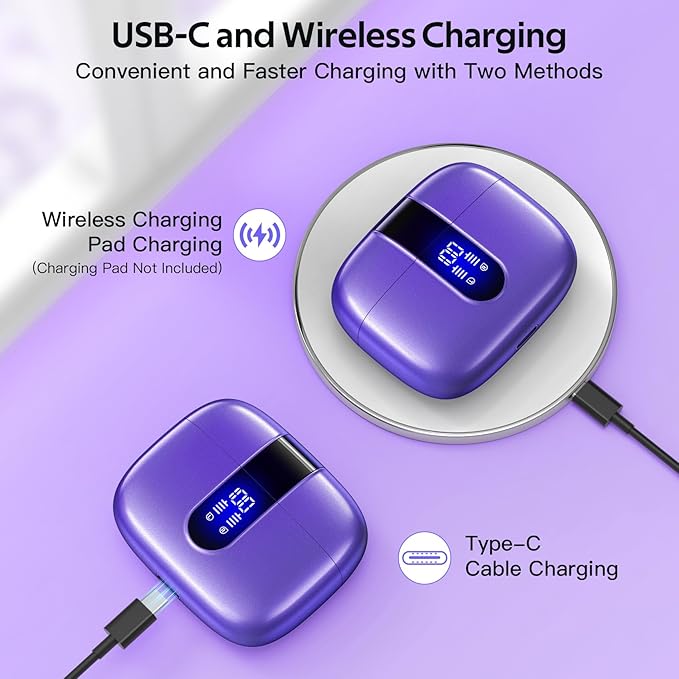 TAGRY 2 Sets X08 Black and Phantom Purple Bluetooth Headphones True Wireless Earbuds 60H Playback Ear Buds with Wireless Charging Case in-Ear Earbuds with Mic