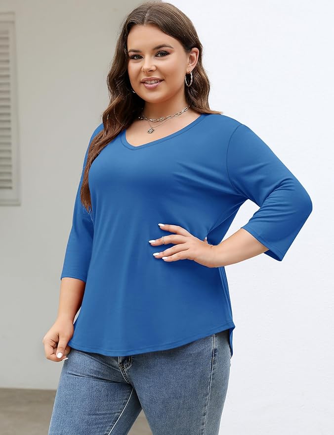 TFSDOD Womens Plus Size Tops V Neck T Shirts 3/4 Sleeve Blouse Summer Casual Tees XL-5X