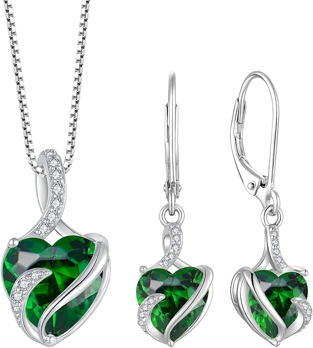 FJ Heart Jewelry Set for Women 925 Sterling Silver Emerald Necklace and Earrings Set May Birthstone Jewelry Gifts