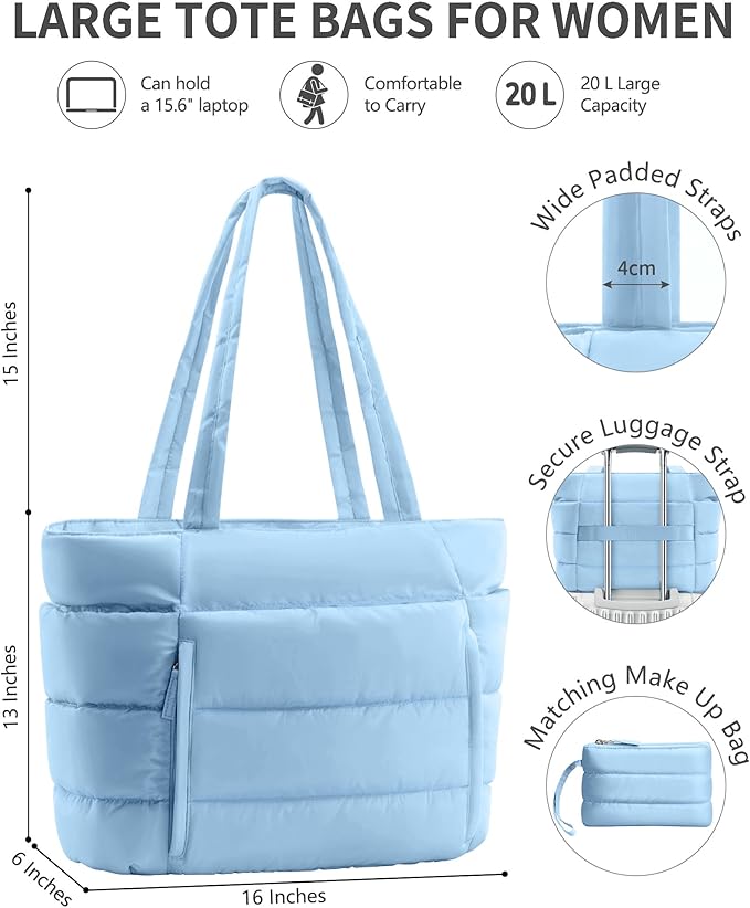 Puffer Tote Bag for Women, Lightweight Puffy Work Handbag Teacher Nurse Quilted Shoulder Bag for School Travel Gym | Quilted, with Zipper, Daily Carry On Bags, Comfy College Bags, 15.6" Laptop Sleeve, Cup Holder Pocket, Portable, Spacious