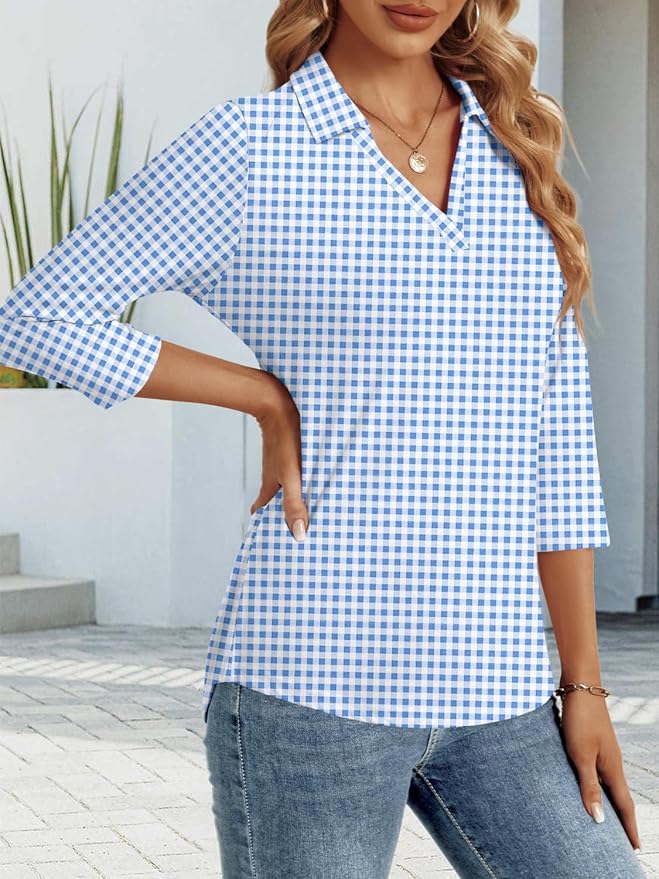 3/4 Length Sleeve Womens Tops Dressy Casual V Neck Polo Shirts Business Work Blouses 2025 Trendy Tunic Top