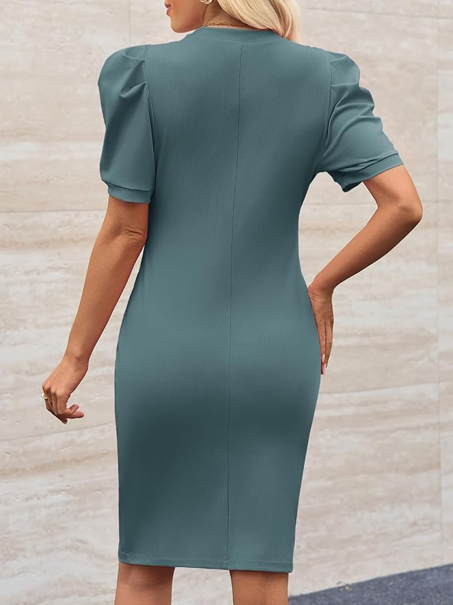 Cicy Bell Women's Puff Sleeve Bodycon Work Dresses Crew Neck Business Casual Office Pencil Dress