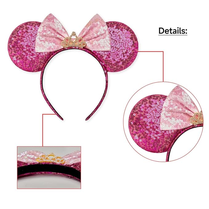 RAZKO Minnie Ears Headband, Sequin Mickey Hairband Mouse ears Hair Accessory for Women Girls(Rose Red Crown L)