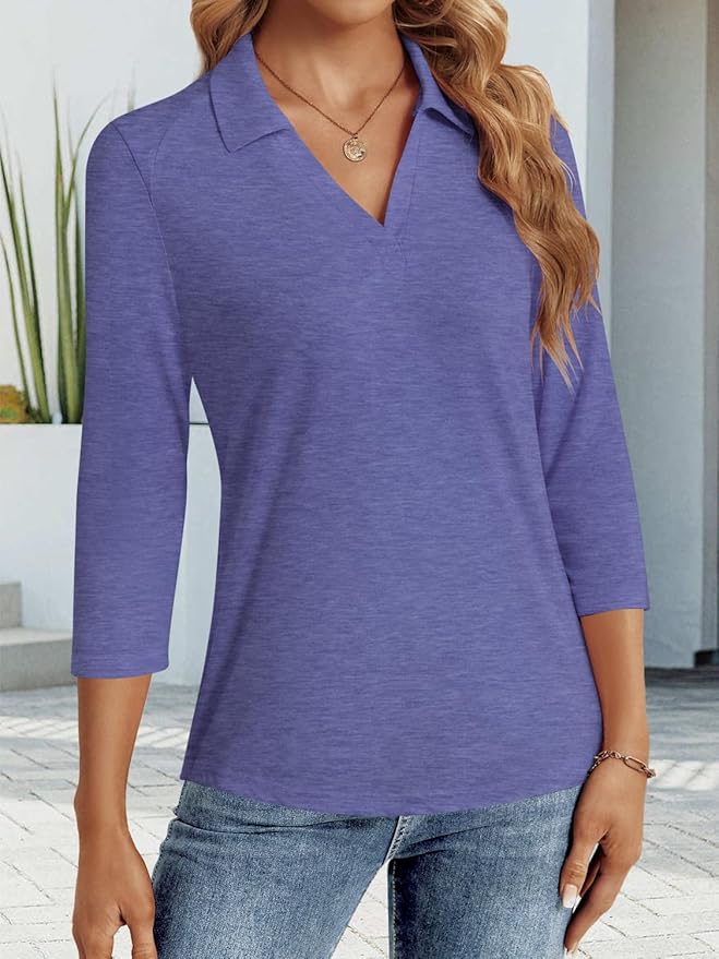 3/4 Length Sleeve Womens Tops Dressy Casual V Neck Polo Shirts Business Work Blouses 2025 Trendy Tunic Top